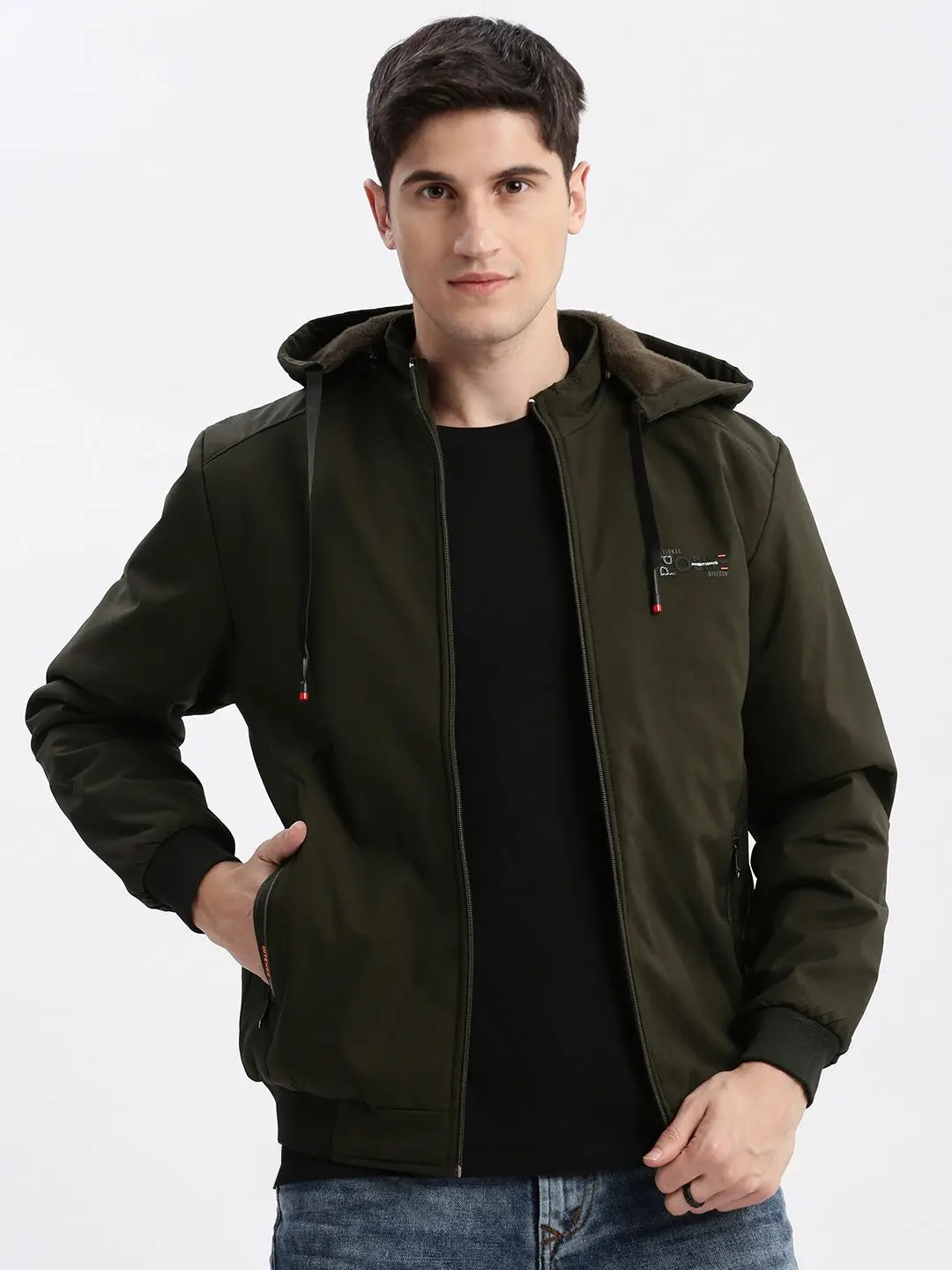 Men's Solid Mock Collar Olive Bomber Jacket Comes with Detachable Hoodie