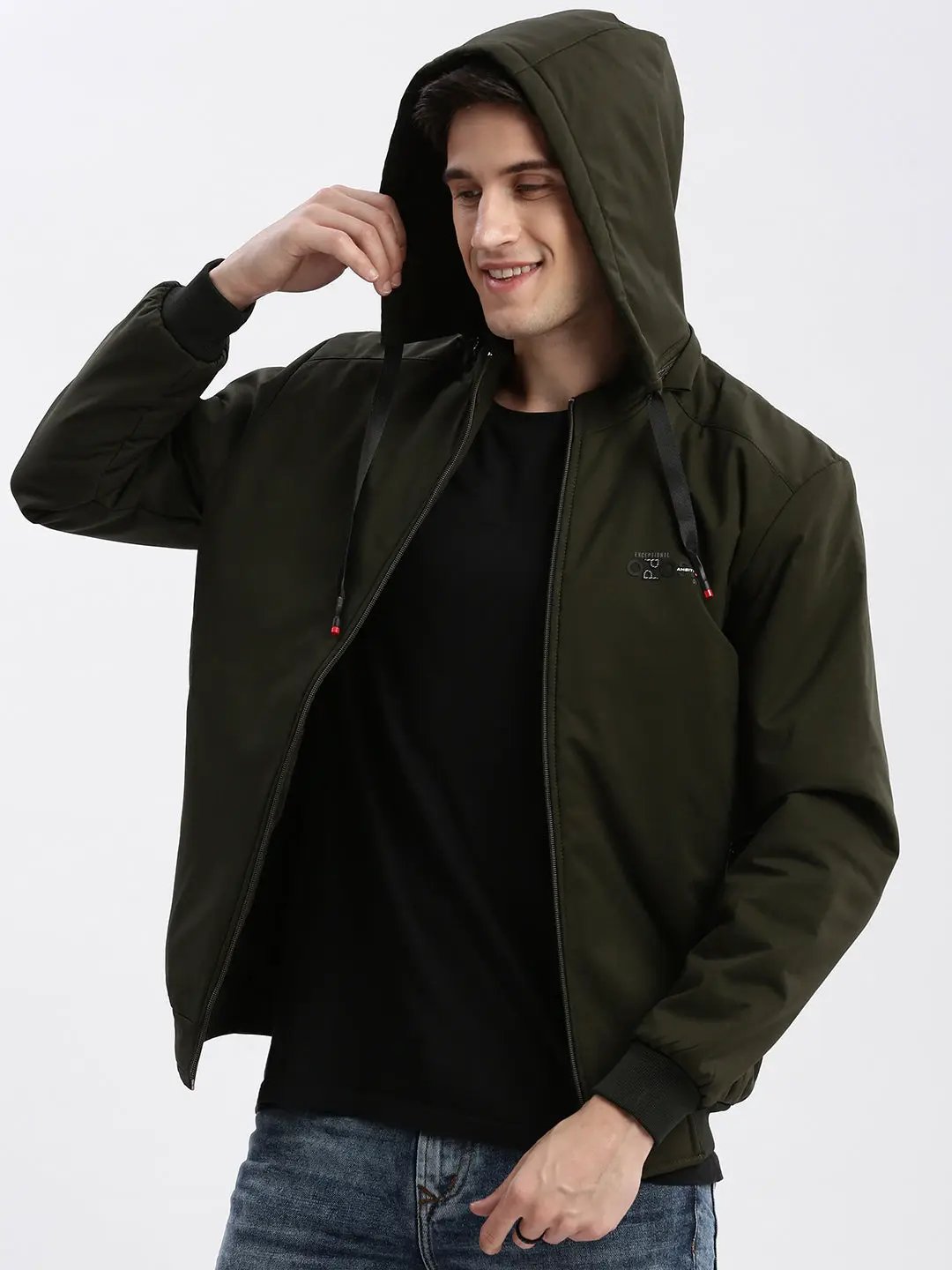 Men's Solid Mock Collar Olive Bomber Jacket Comes with Detachable Hoodie