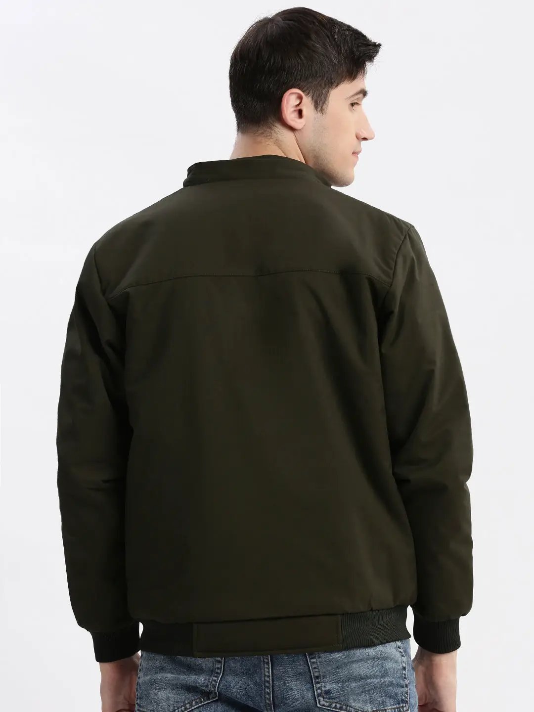 Men's Solid Mock Collar Olive Bomber Jacket Comes with Detachable Hoodie