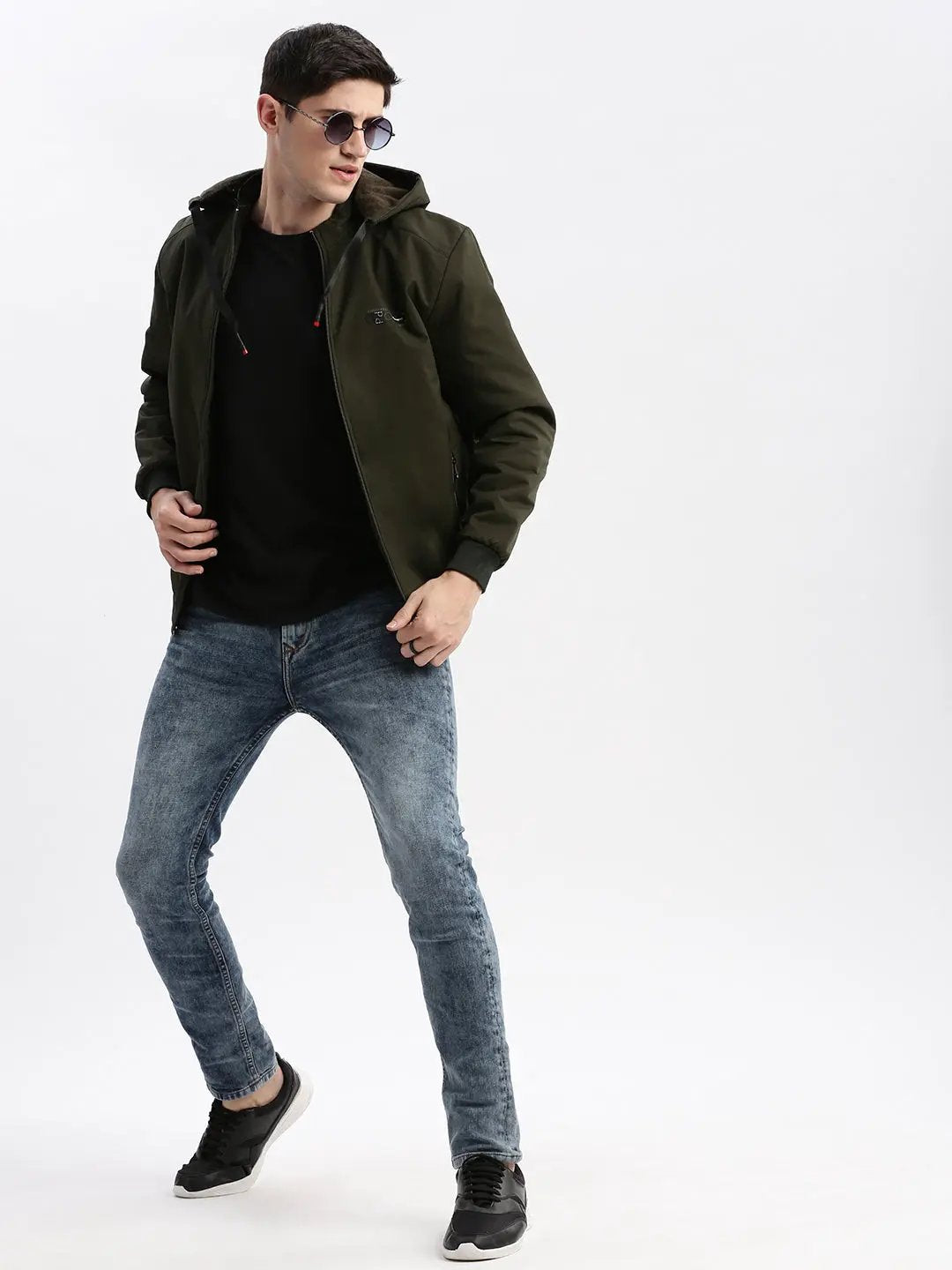 Men's Solid Mock Collar Olive Bomber Jacket Comes with Detachable Hoodie