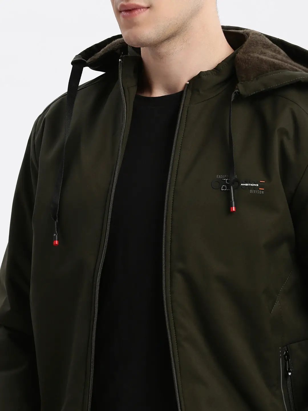 Men's Solid Mock Collar Olive Bomber Jacket Comes with Detachable Hoodie