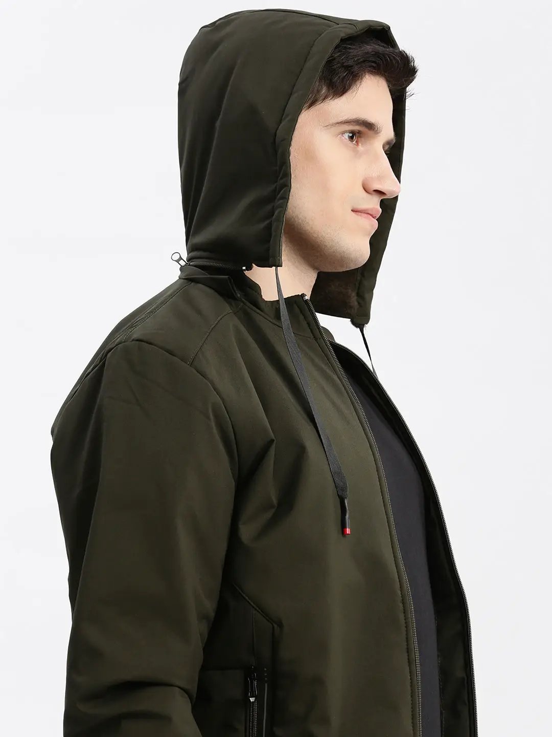 Men's Solid Mock Collar Olive Bomber Jacket Comes with Detachable Hoodie