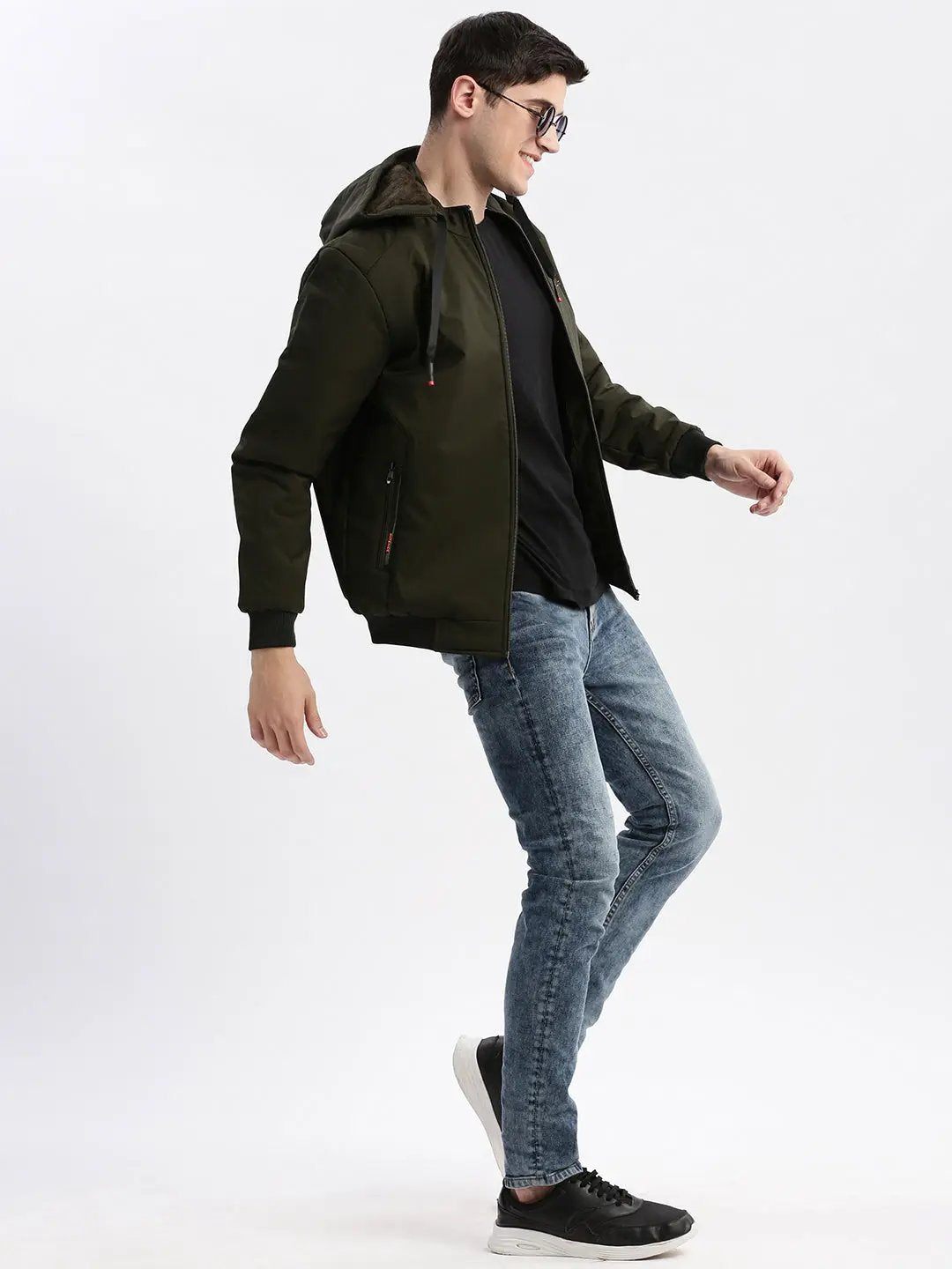 Men's Solid Mock Collar Olive Bomber Jacket Comes with Detachable Hoodie