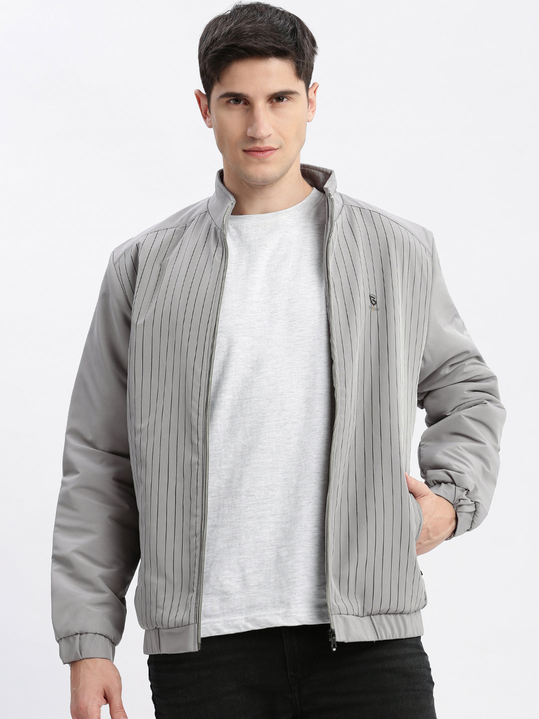 Men Solid Mock Collar Grey Bomber Jacket