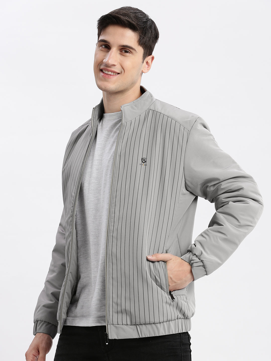 Men Solid Mock Collar Grey Bomber Jacket