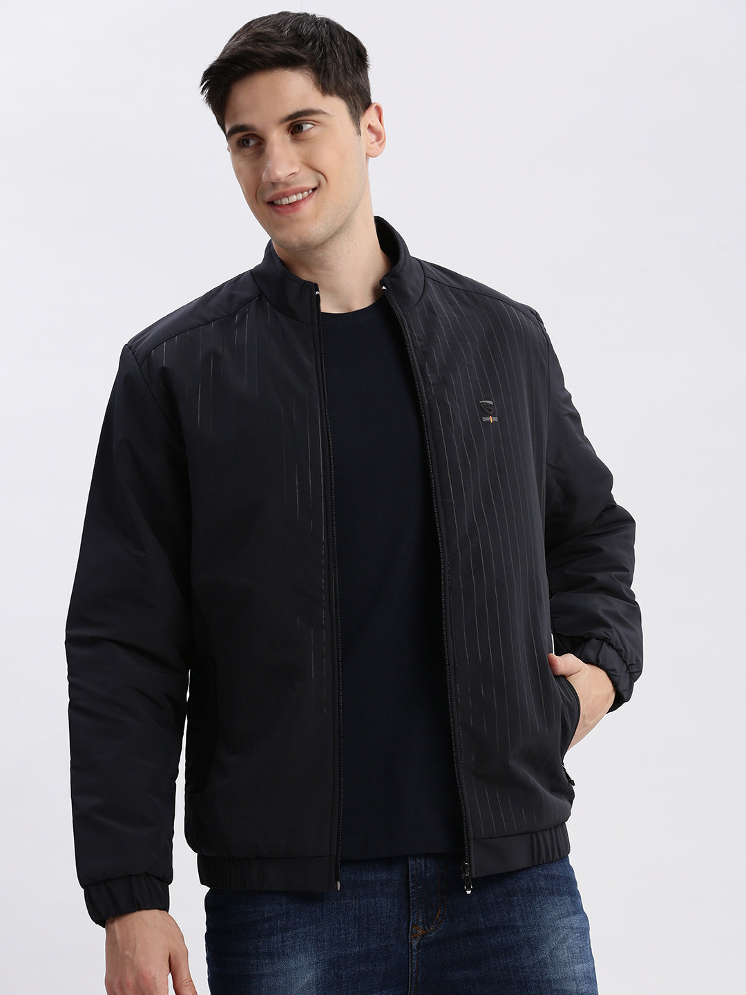 Men Solid Mock Collar Navy Blue Bomber Jacket