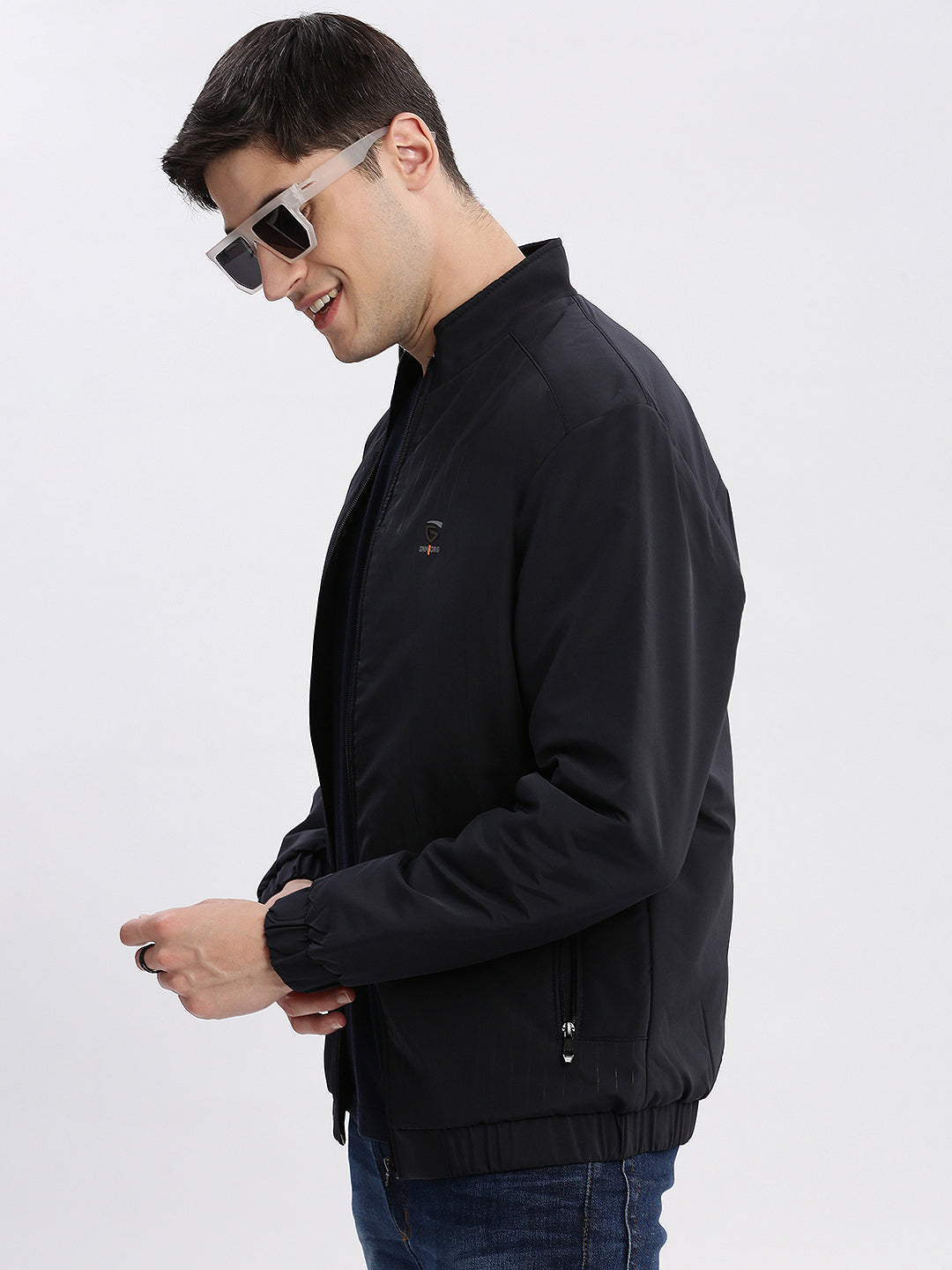 Men Solid Mock Collar Navy Blue Bomber Jacket