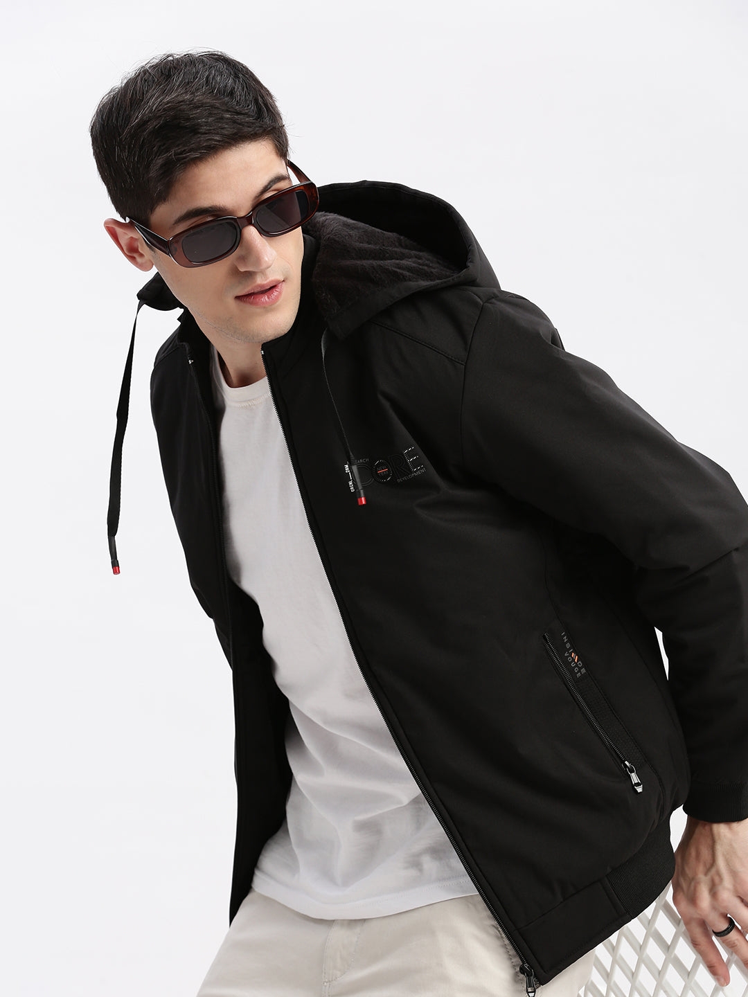 Men Solid Mock Collar Black Bomber Jacket Comes with Detachable Hoodie