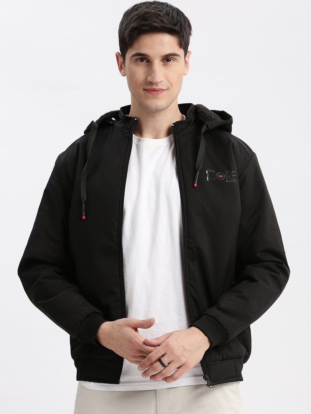 Men Solid Mock Collar Black Bomber Jacket Comes with Detachable Hoodie