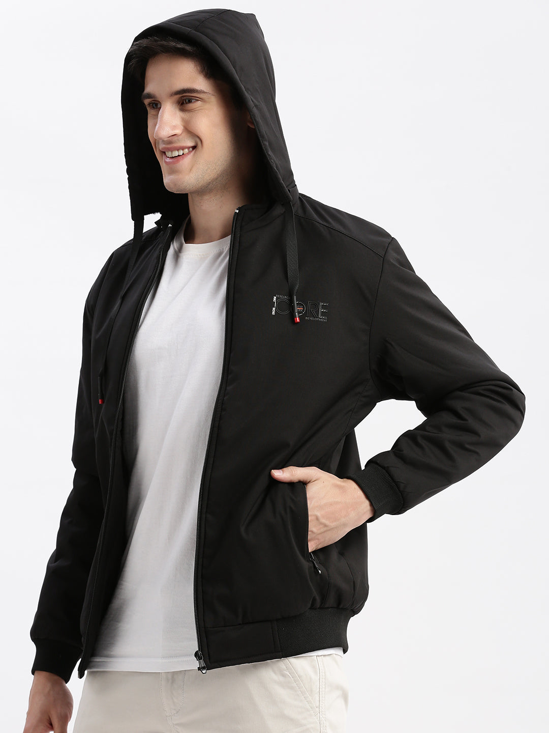 Men Solid Mock Collar Black Bomber Jacket Comes with Detachable Hoodie