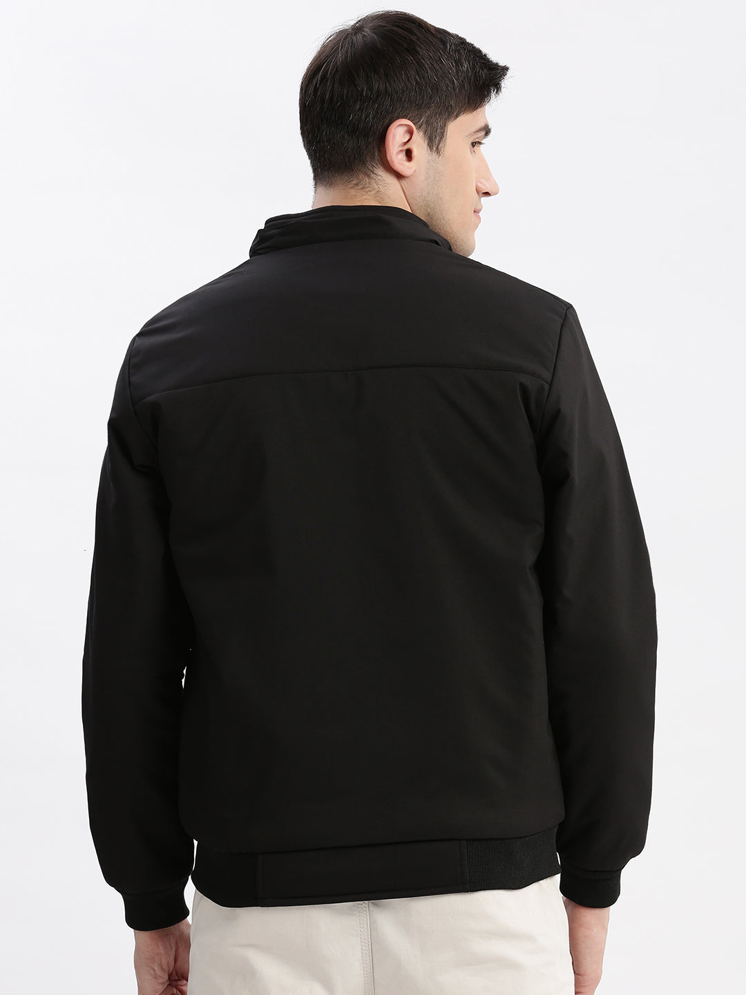 Men Solid Mock Collar Black Bomber Jacket Comes with Detachable Hoodie