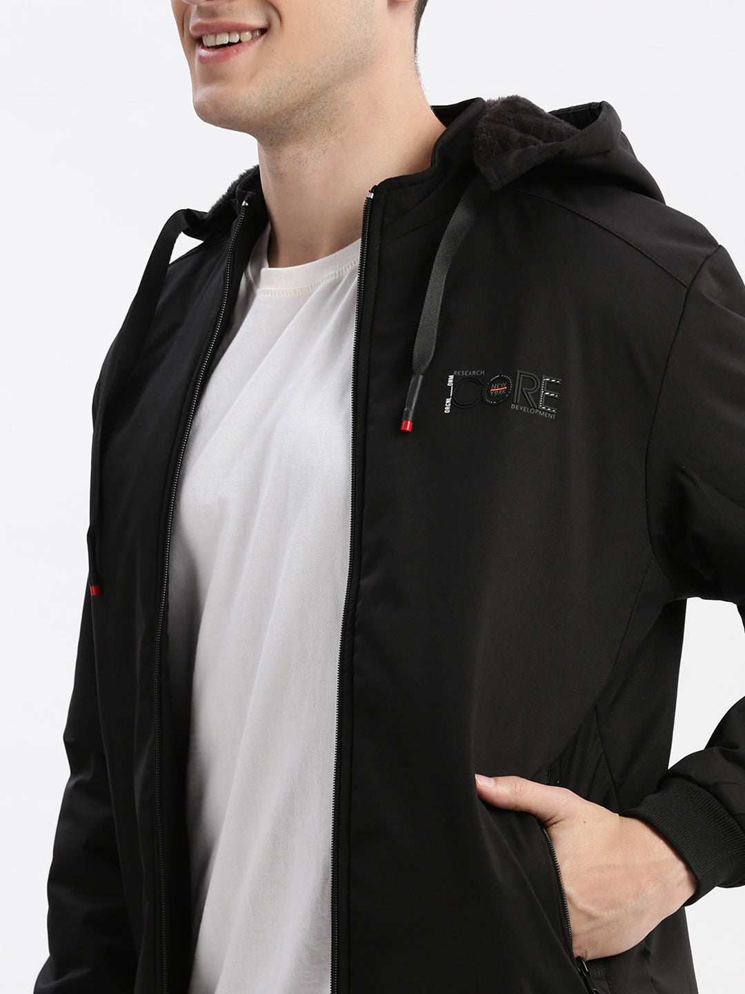 Men Solid Mock Collar Black Bomber Jacket Comes with Detachable Hoodie