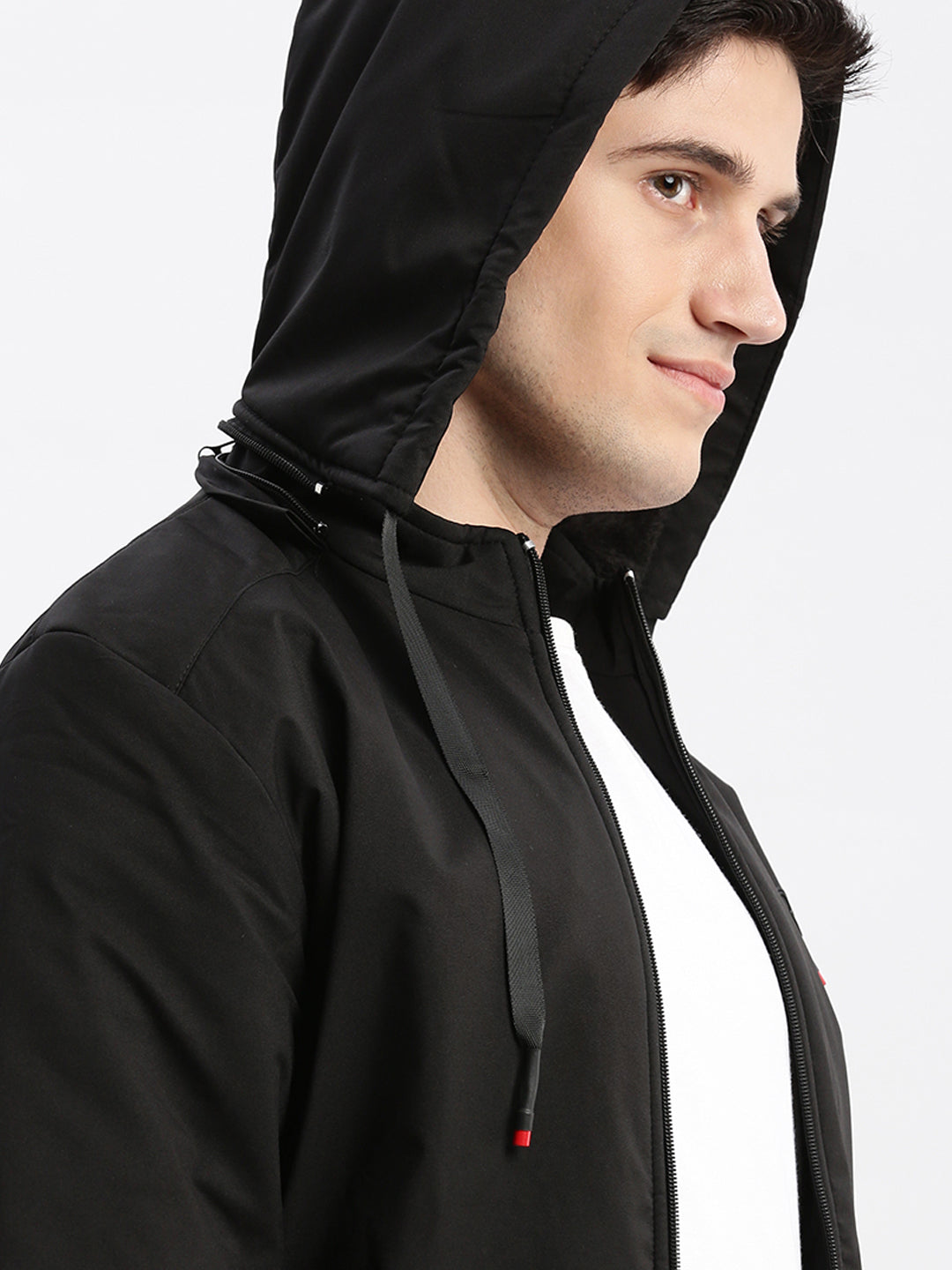 Men Solid Mock Collar Black Bomber Jacket Comes with Detachable Hoodie