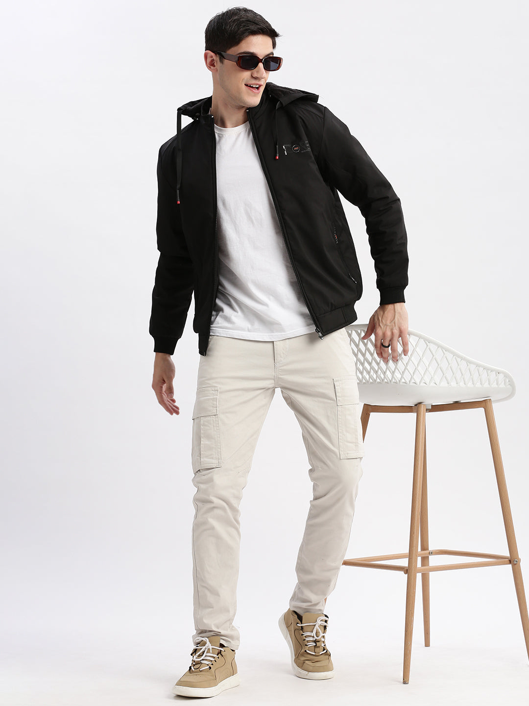 Men Solid Mock Collar Black Bomber Jacket Comes with Detachable Hoodie