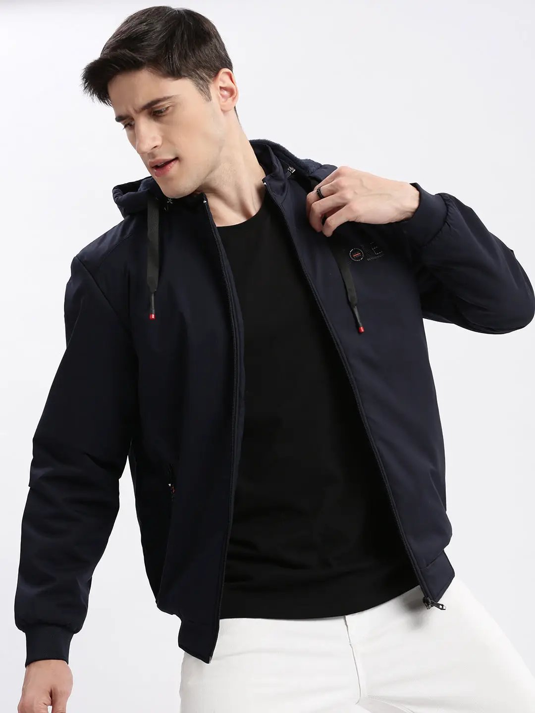 Men's Solid Mock Collar Navy Blue Bomber Jacket Comes with Detachable Hoodie