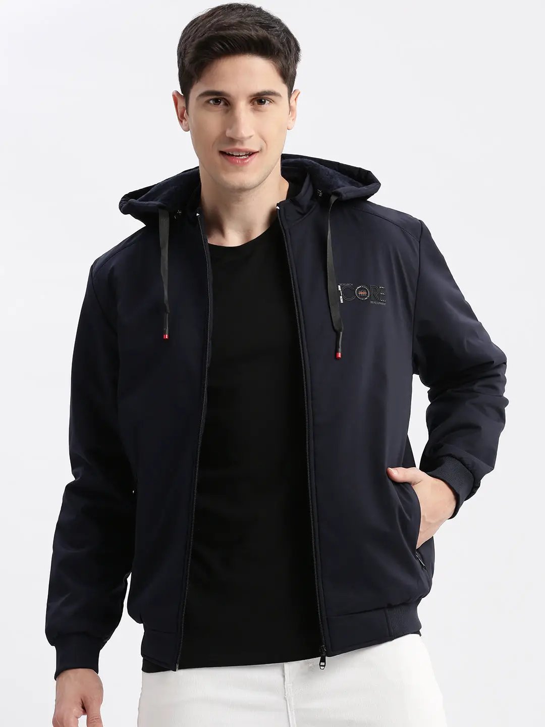 Men's Solid Mock Collar Navy Blue Bomber Jacket Comes with Detachable Hoodie