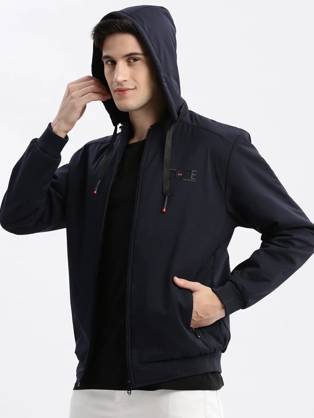 Men's Solid Mock Collar Navy Blue Bomber Jacket Comes with Detachable Hoodie