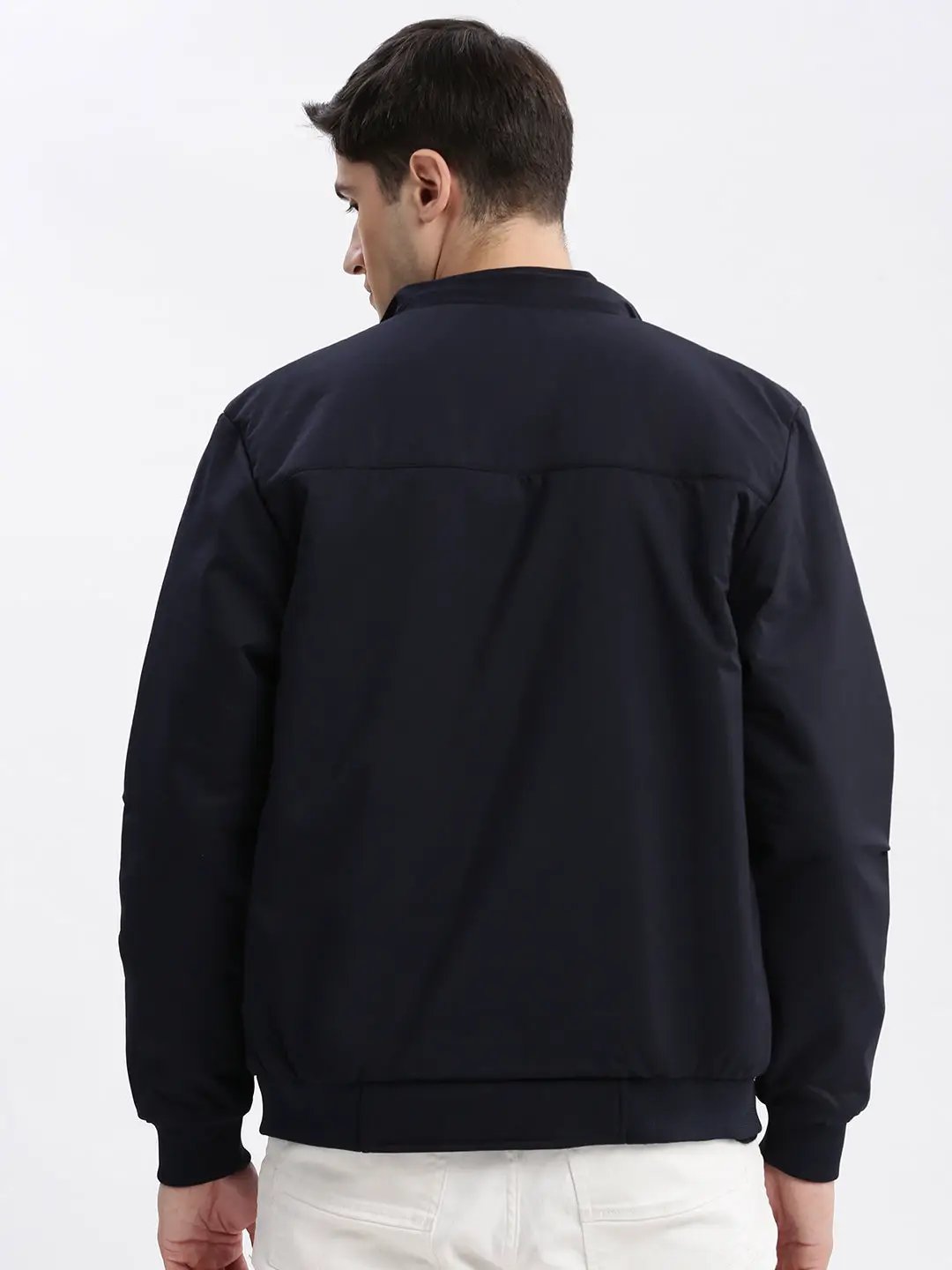 Men's Solid Mock Collar Navy Blue Bomber Jacket Comes with Detachable Hoodie