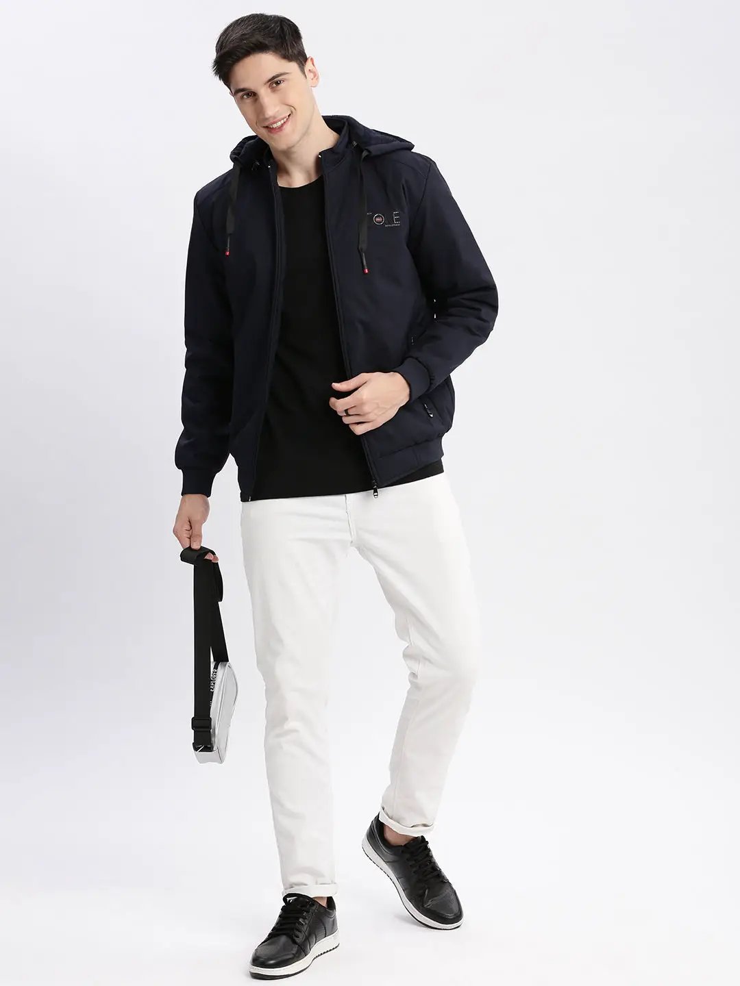 Men's Solid Mock Collar Navy Blue Bomber Jacket Comes with Detachable Hoodie