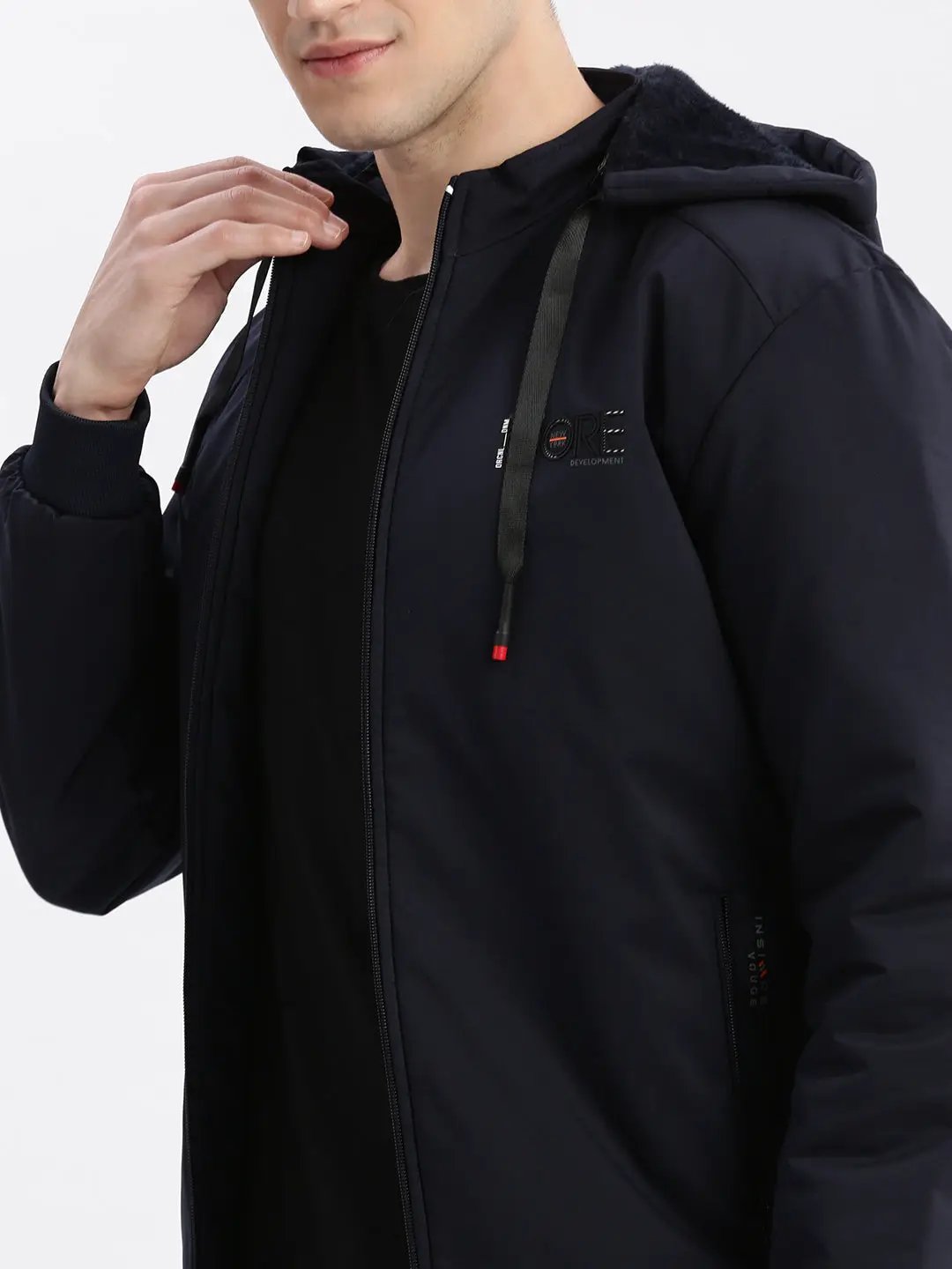 Men's Solid Mock Collar Navy Blue Bomber Jacket Comes with Detachable Hoodie