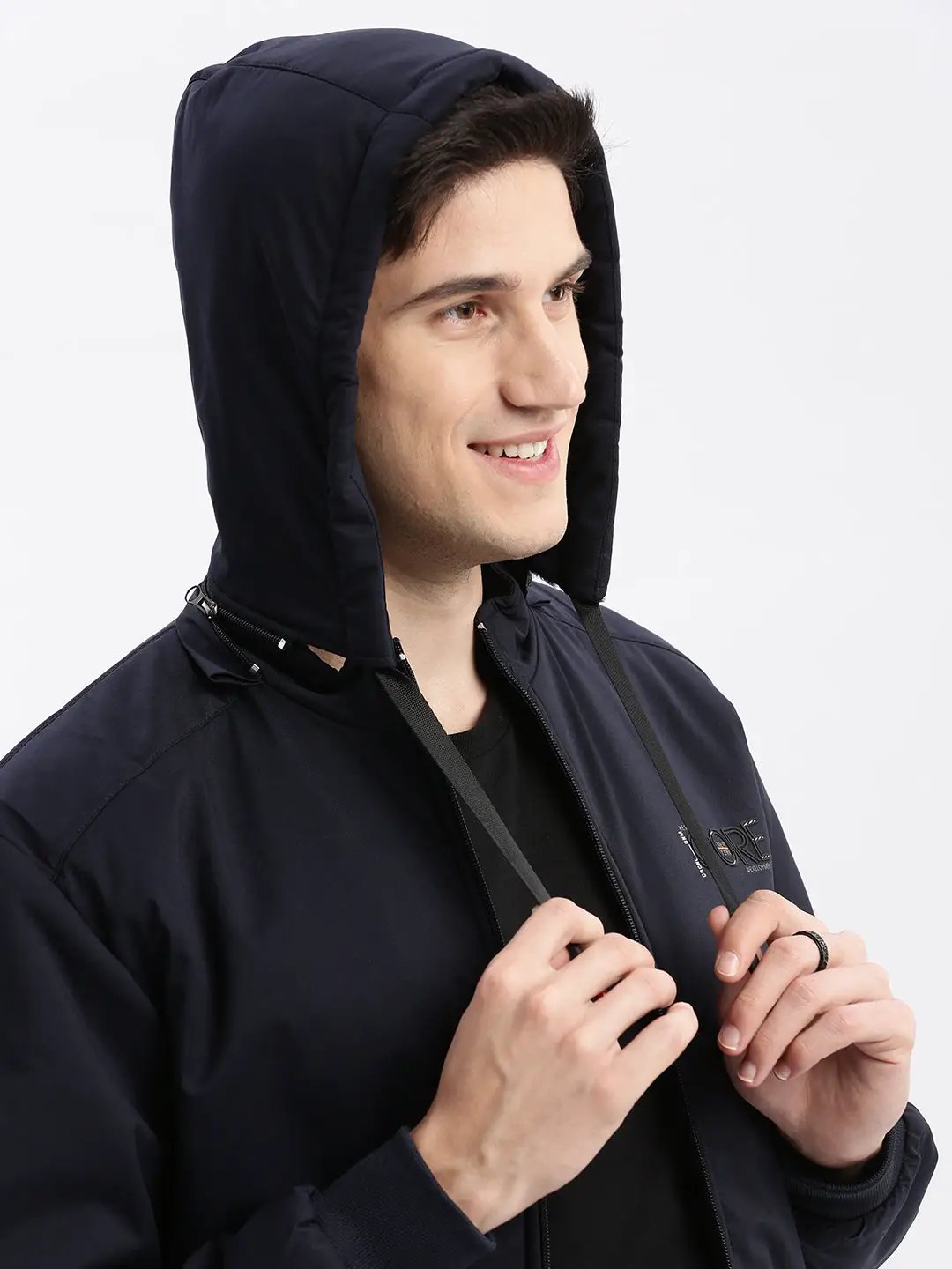 Men's Solid Mock Collar Navy Blue Bomber Jacket Comes with Detachable Hoodie