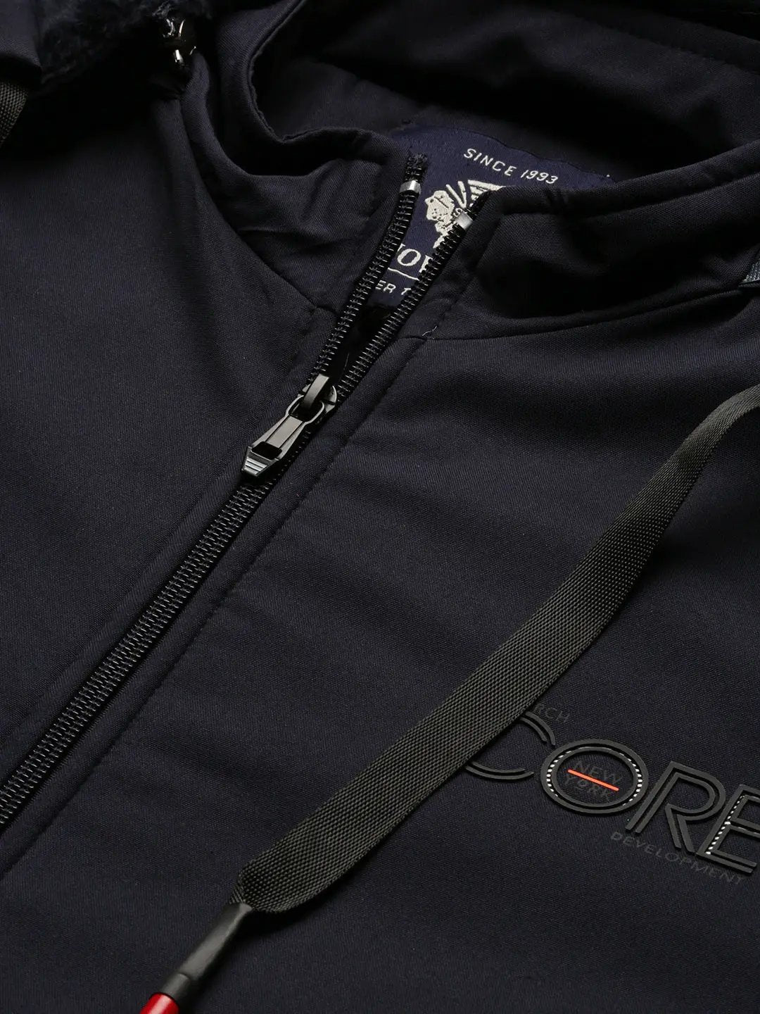 Men's Solid Mock Collar Navy Blue Bomber Jacket Comes with Detachable Hoodie