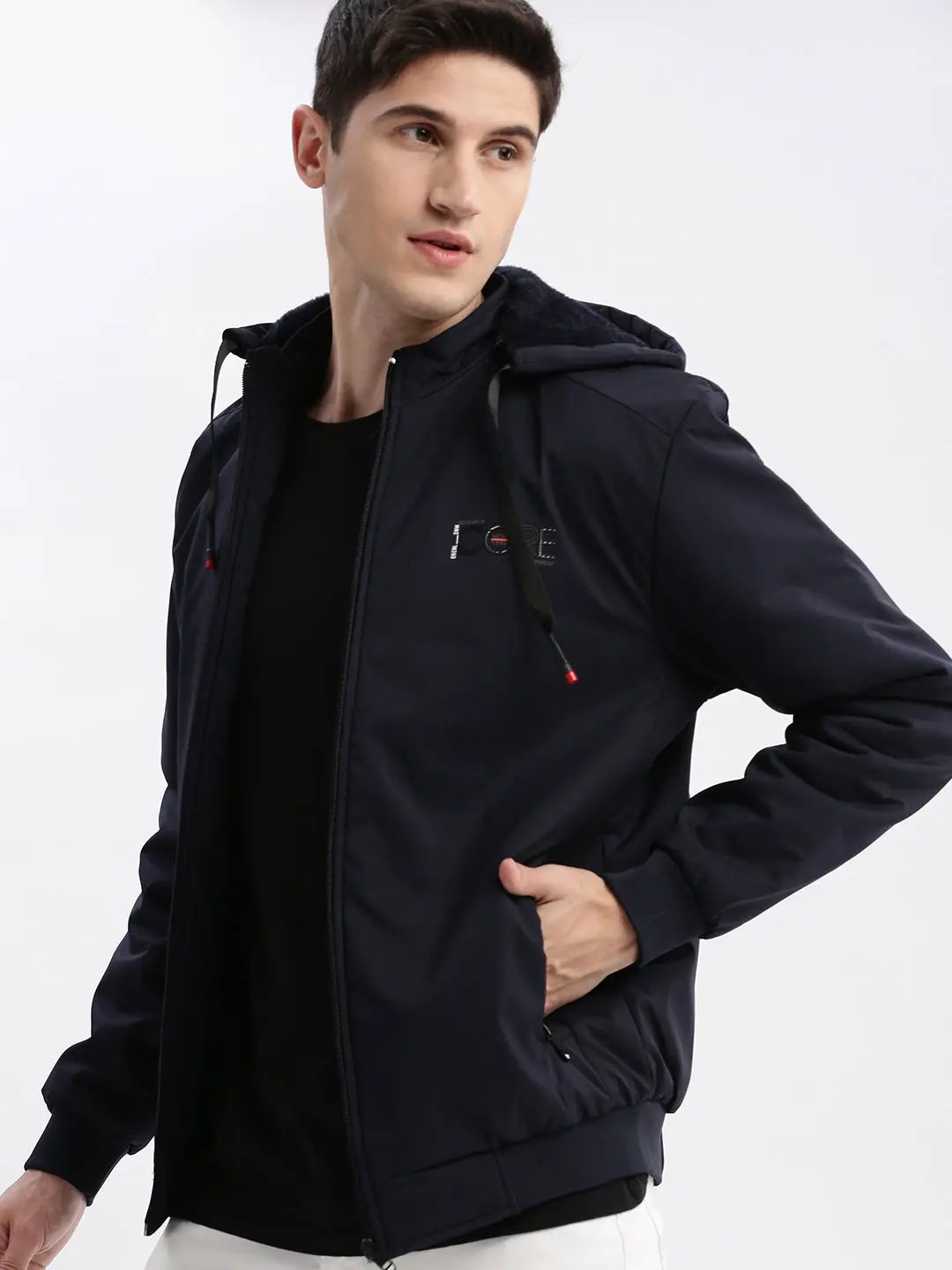 Men's Solid Mock Collar Navy Blue Bomber Jacket Comes with Detachable Hoodie