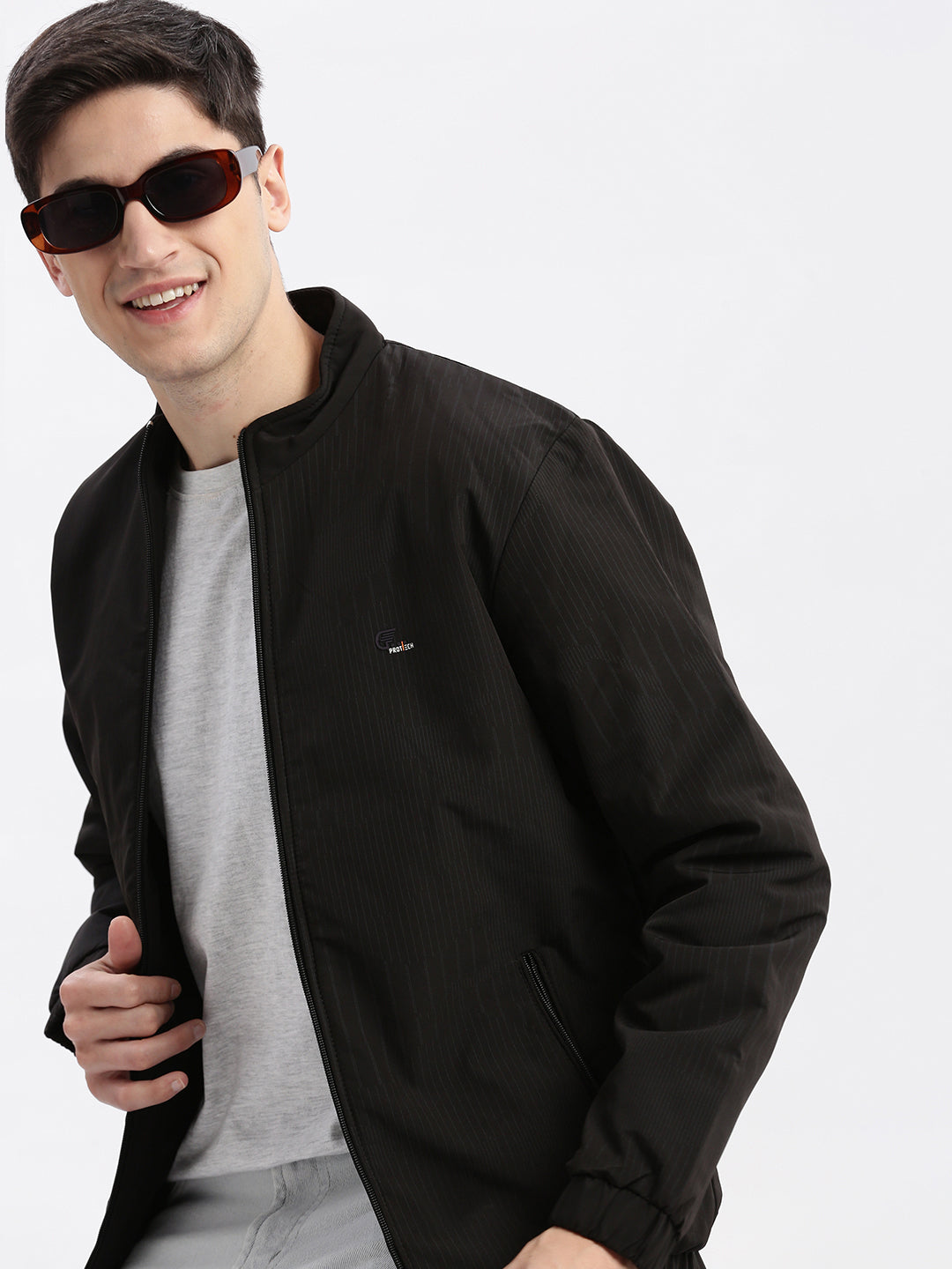 Men Striped Mock Collar Black Bomber Jacket