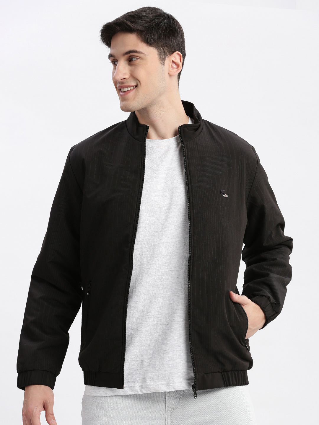 Men Striped Mock Collar Black Bomber Jacket