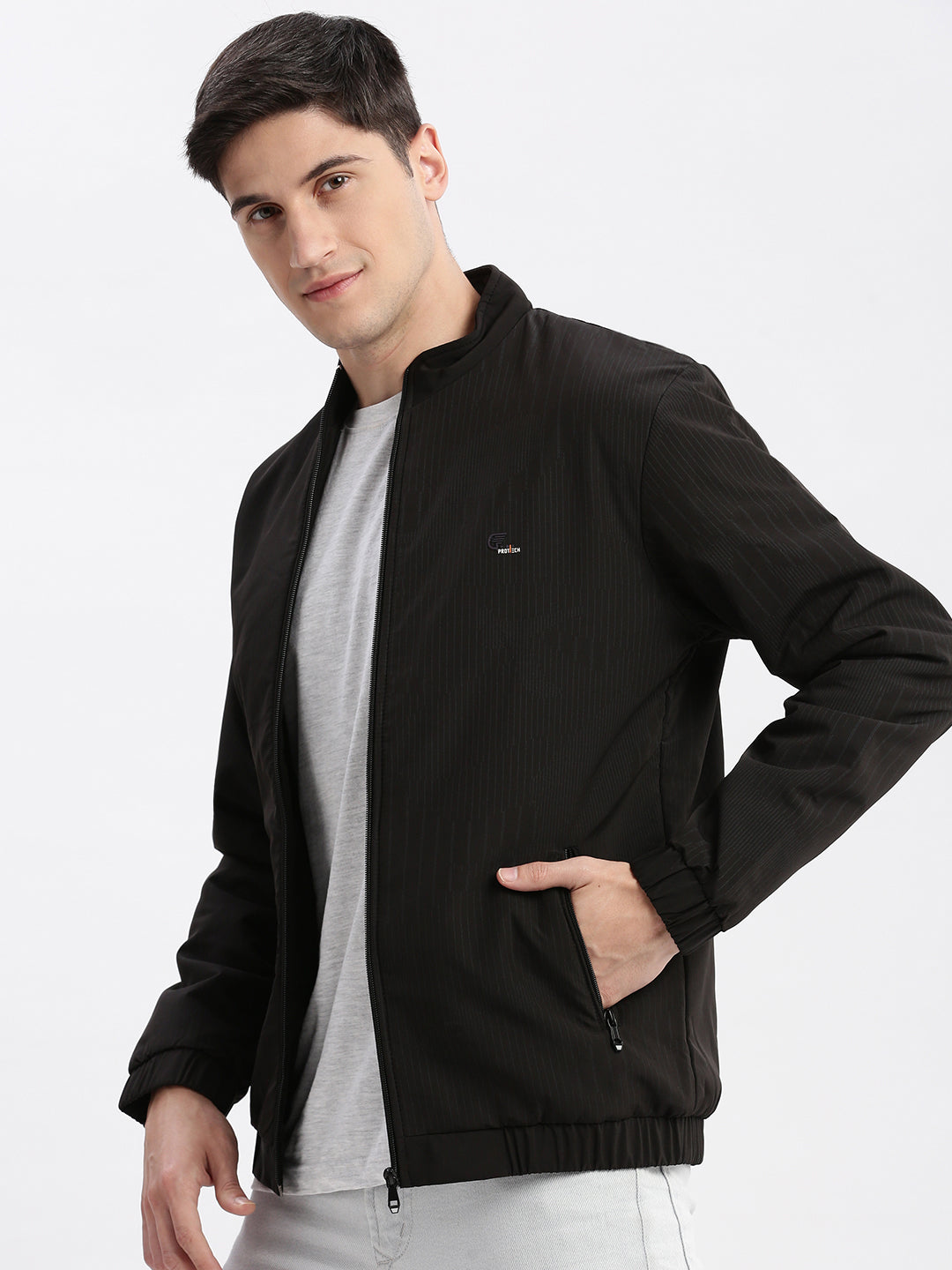 Men Striped Mock Collar Black Bomber Jacket