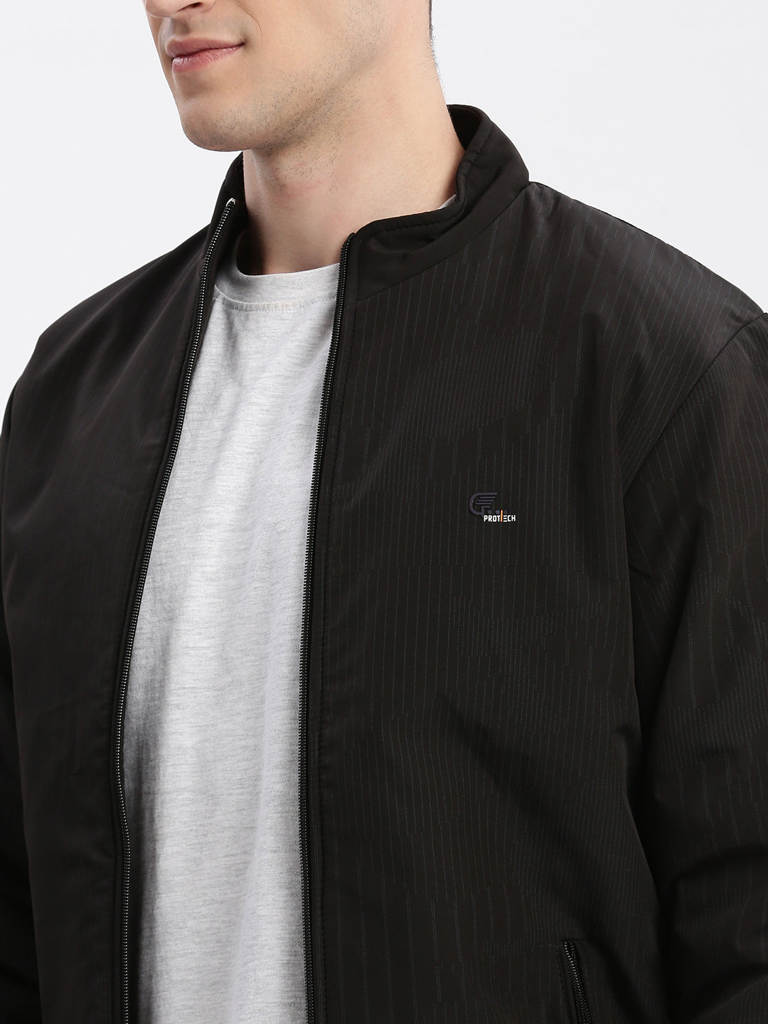 Men Striped Mock Collar Black Bomber Jacket