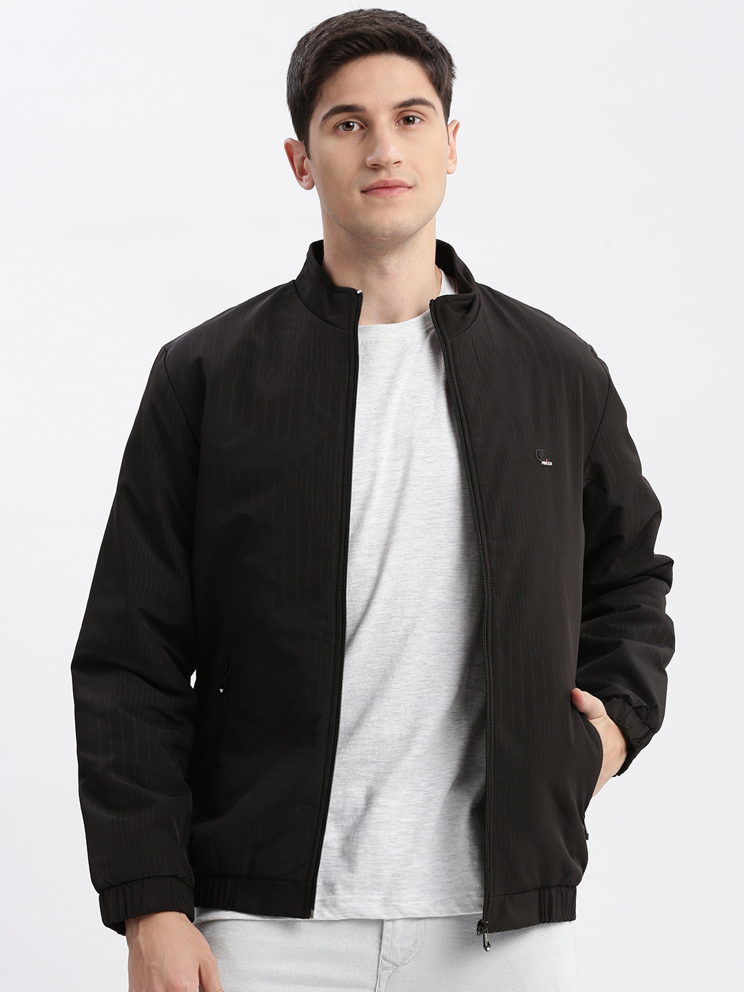 Men Striped Mock Collar Black Bomber Jacket