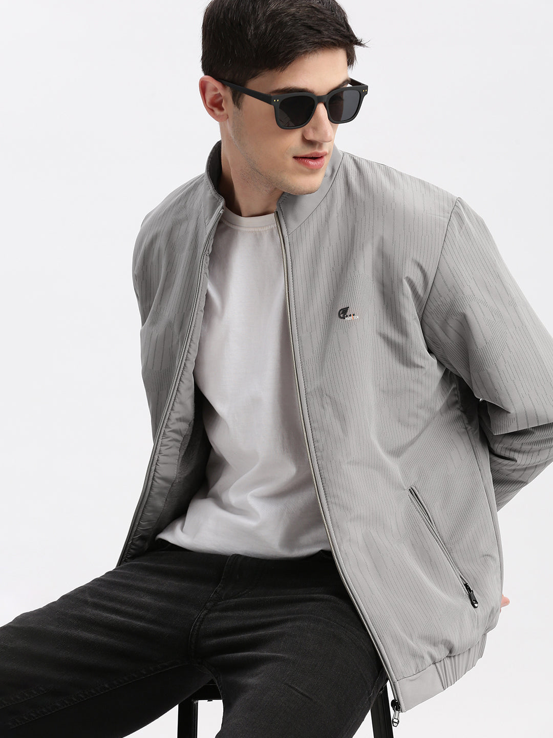 Men Striped Mock Collar Grey Bomber Jacket