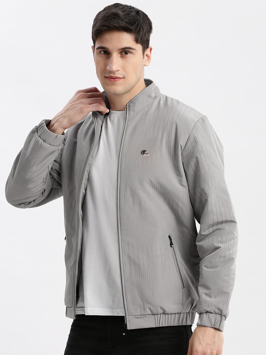 Men Striped Mock Collar Grey Bomber Jacket