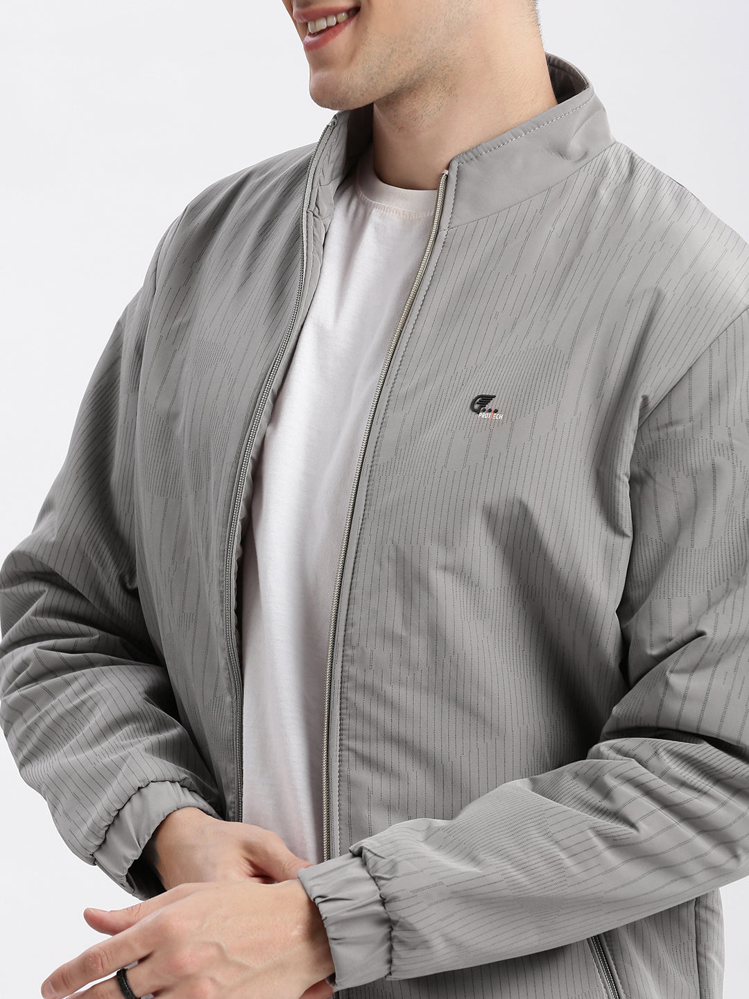 Men Striped Mock Collar Grey Bomber Jacket