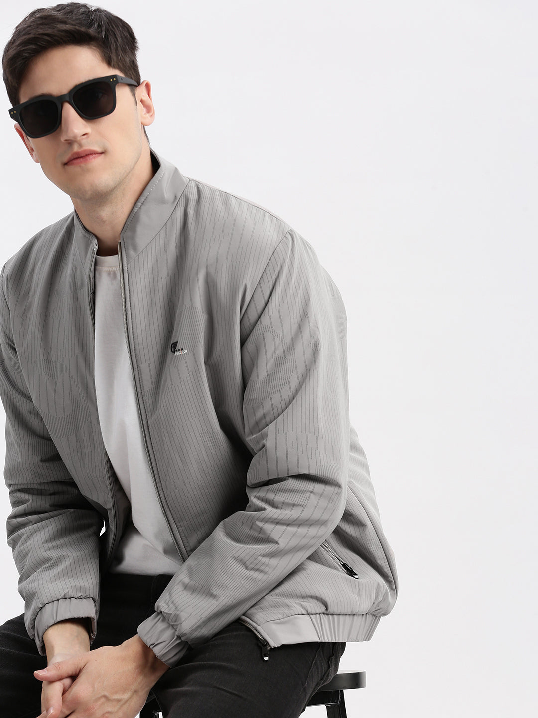 Men Striped Mock Collar Grey Bomber Jacket