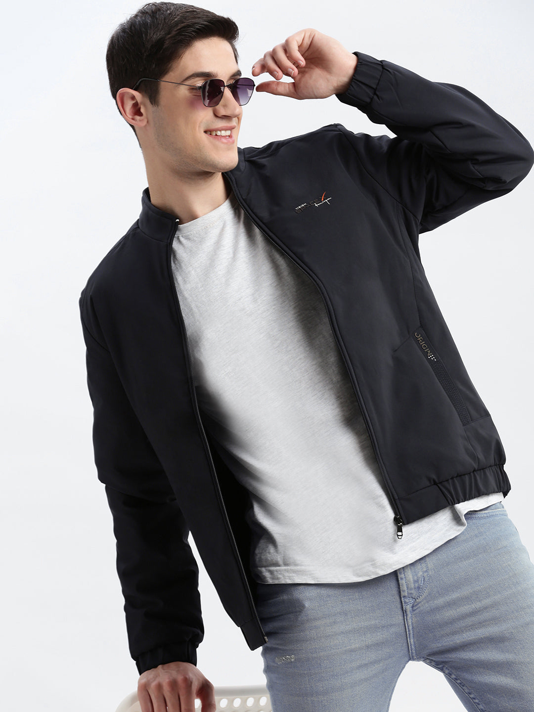 Men Solid Mock Collar Navy Blue Bomber Jacket