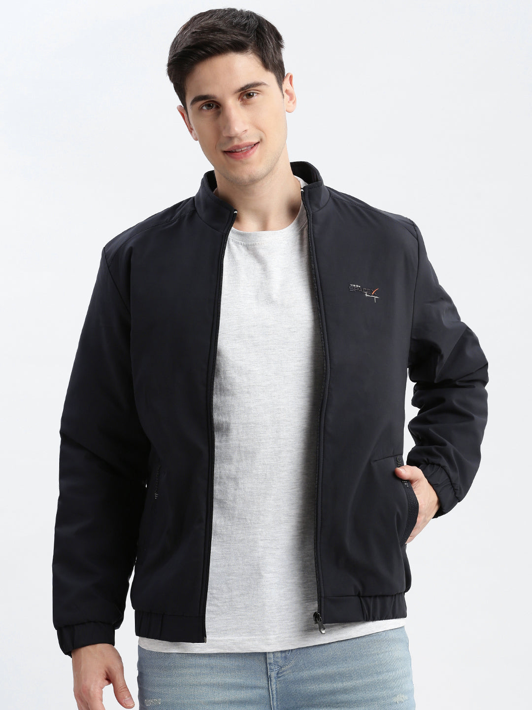 Men Solid Mock Collar Navy Blue Bomber Jacket