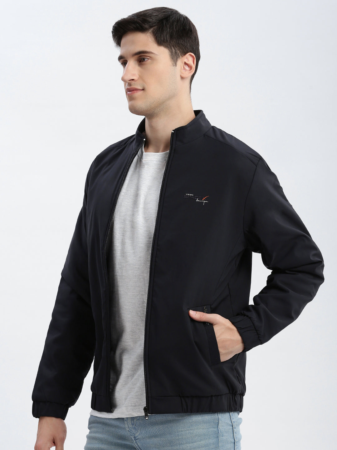 Men Solid Mock Collar Navy Blue Bomber Jacket