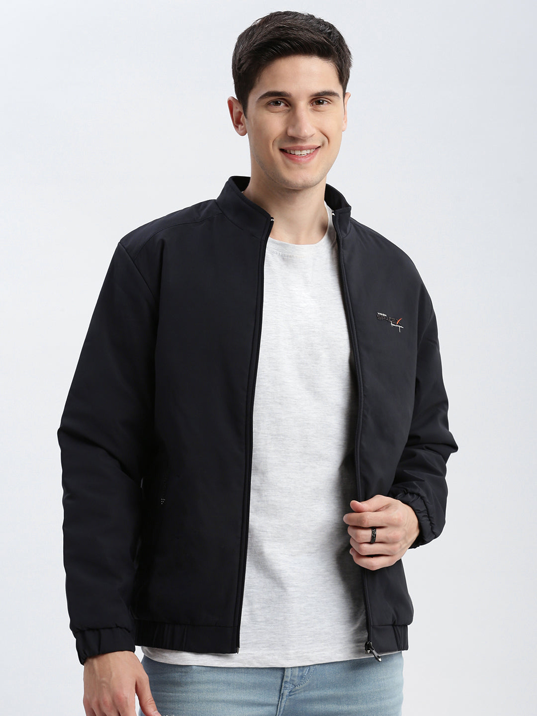 Men Solid Mock Collar Navy Blue Bomber Jacket