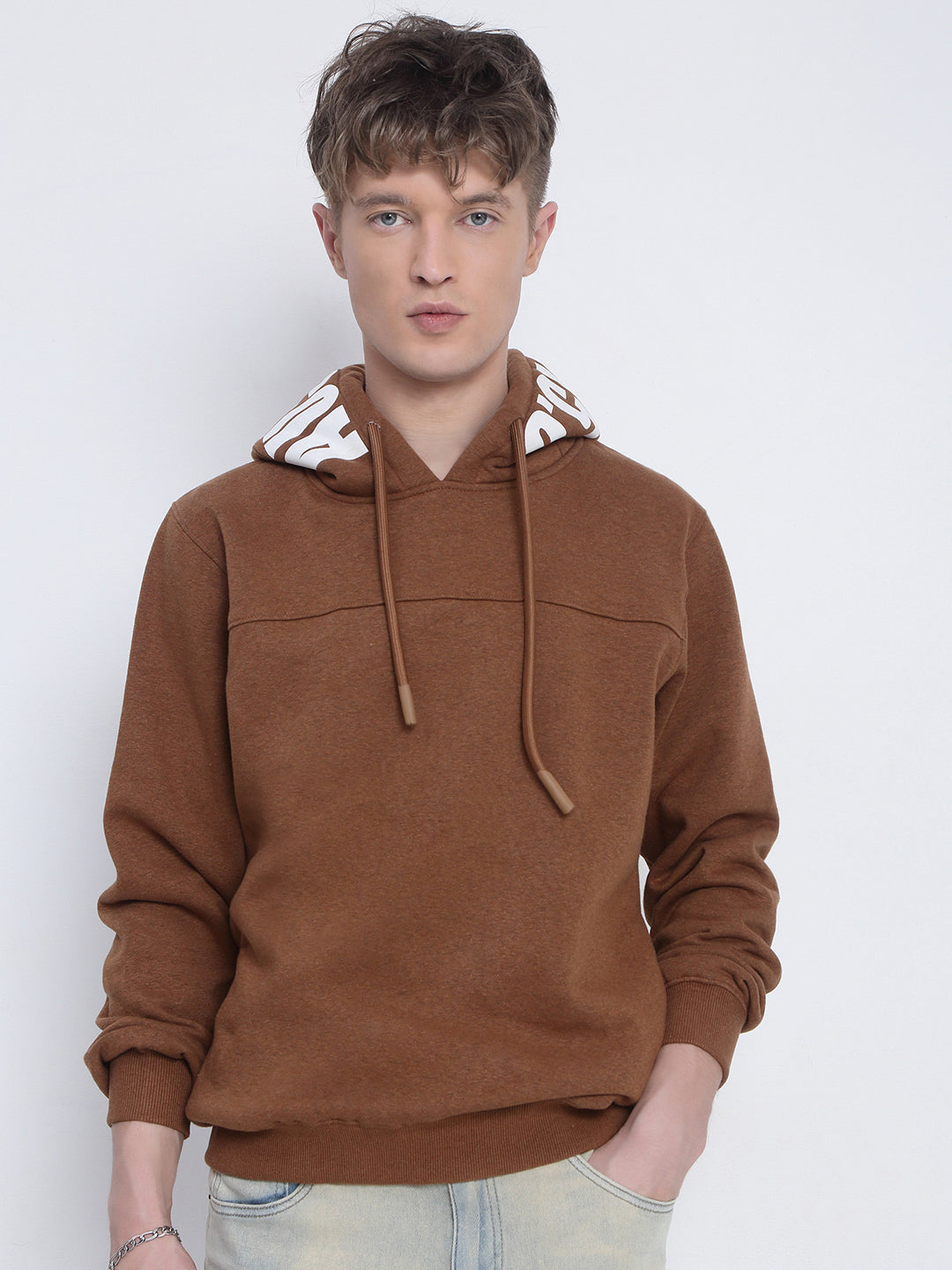 Men's Brown Sweatshirt with Printed Hoodie