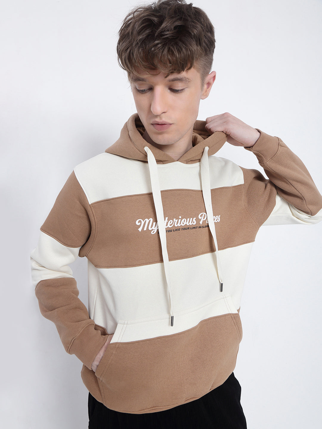 Men's Typography Printed Striped Brown Hoodie
