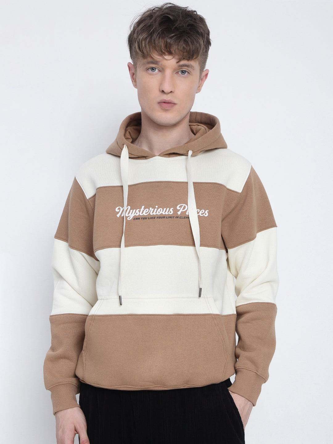 Men's Typography Printed Striped Brown Hoodie