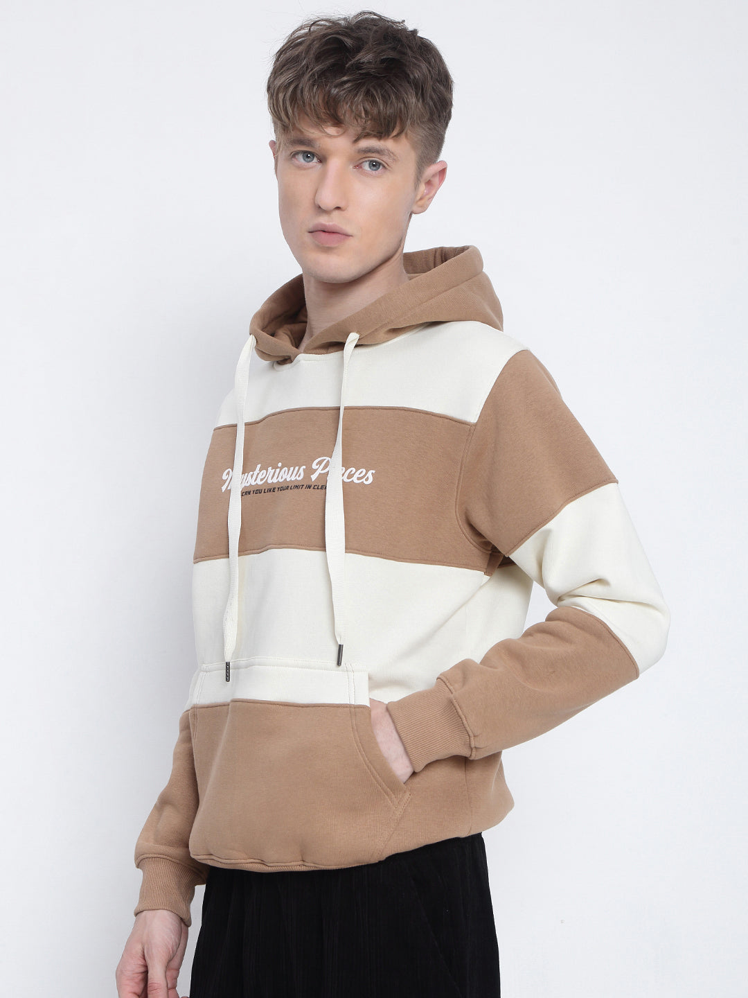Men's Typography Printed Striped Brown Hoodie