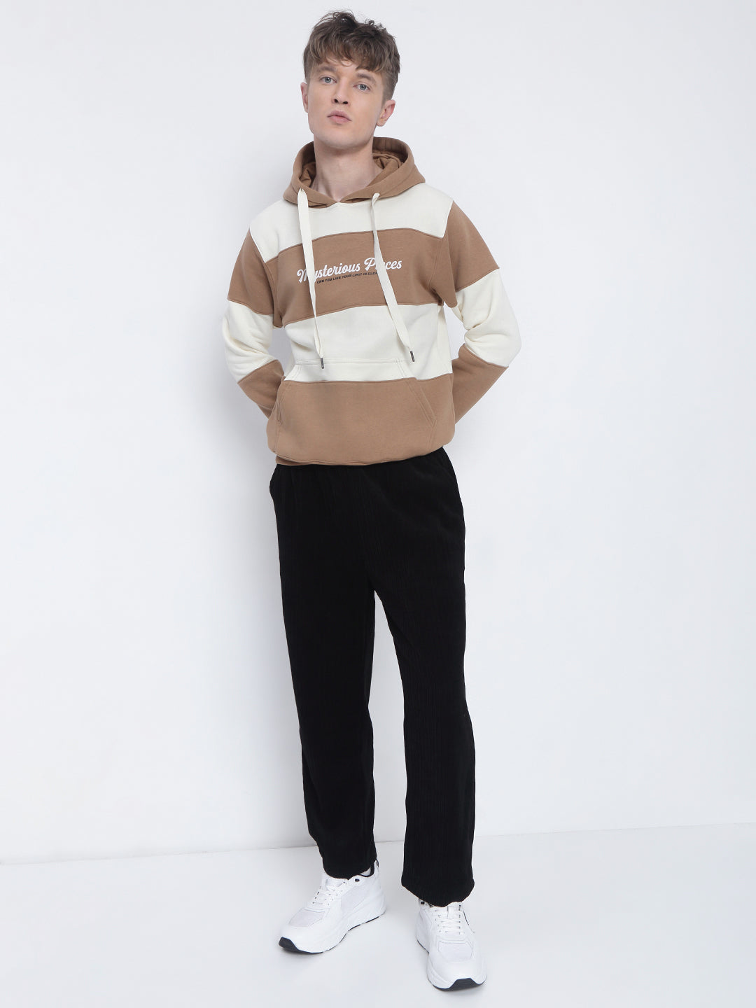 Men's Typography Printed Striped Brown Hoodie