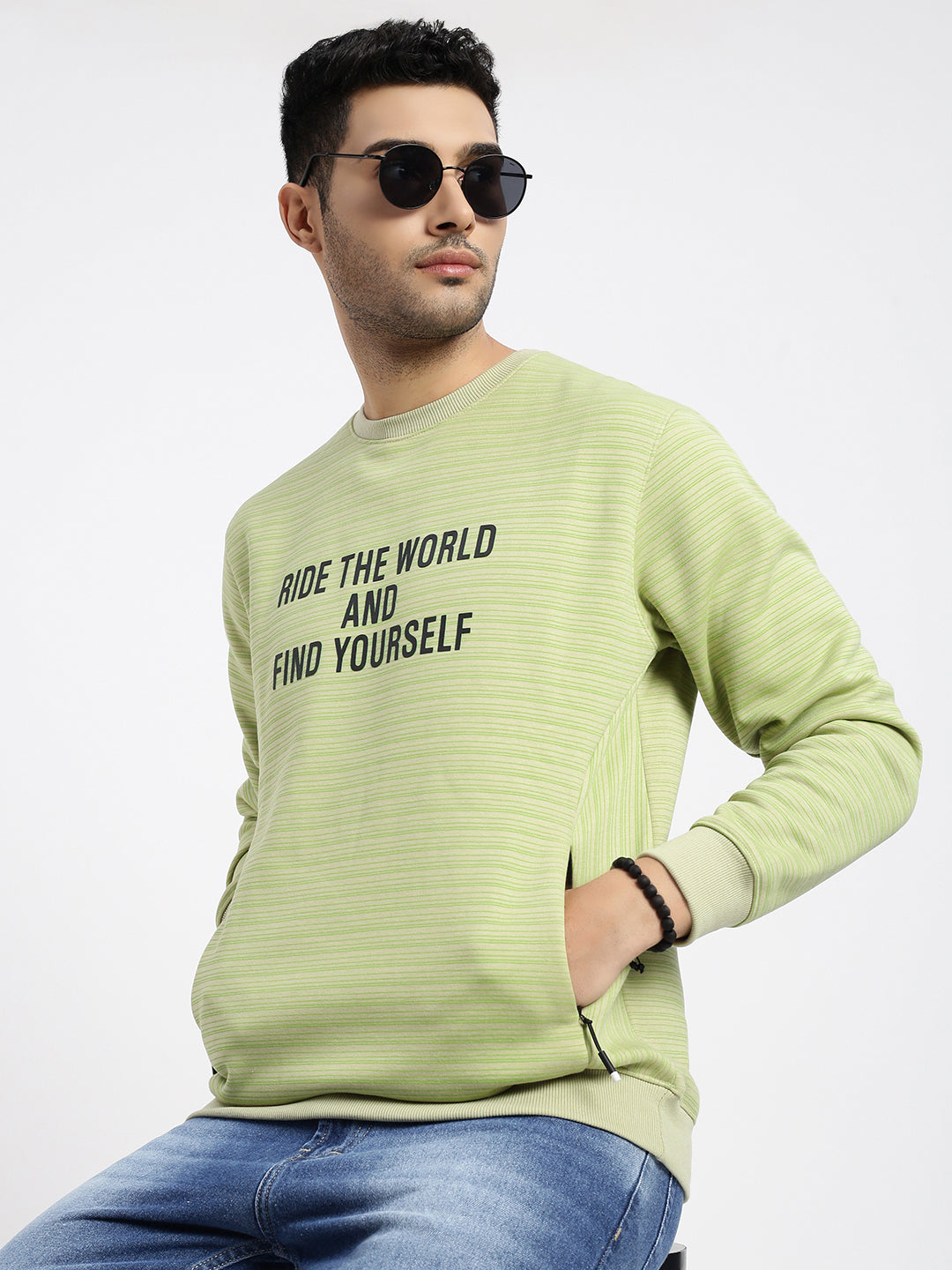 Men Green Striped Sweatshirt