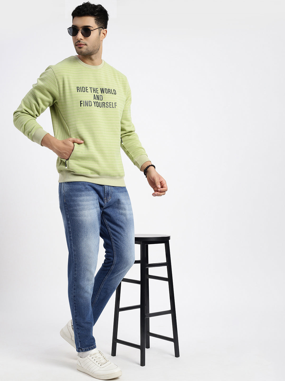 Men Green Striped Sweatshirt