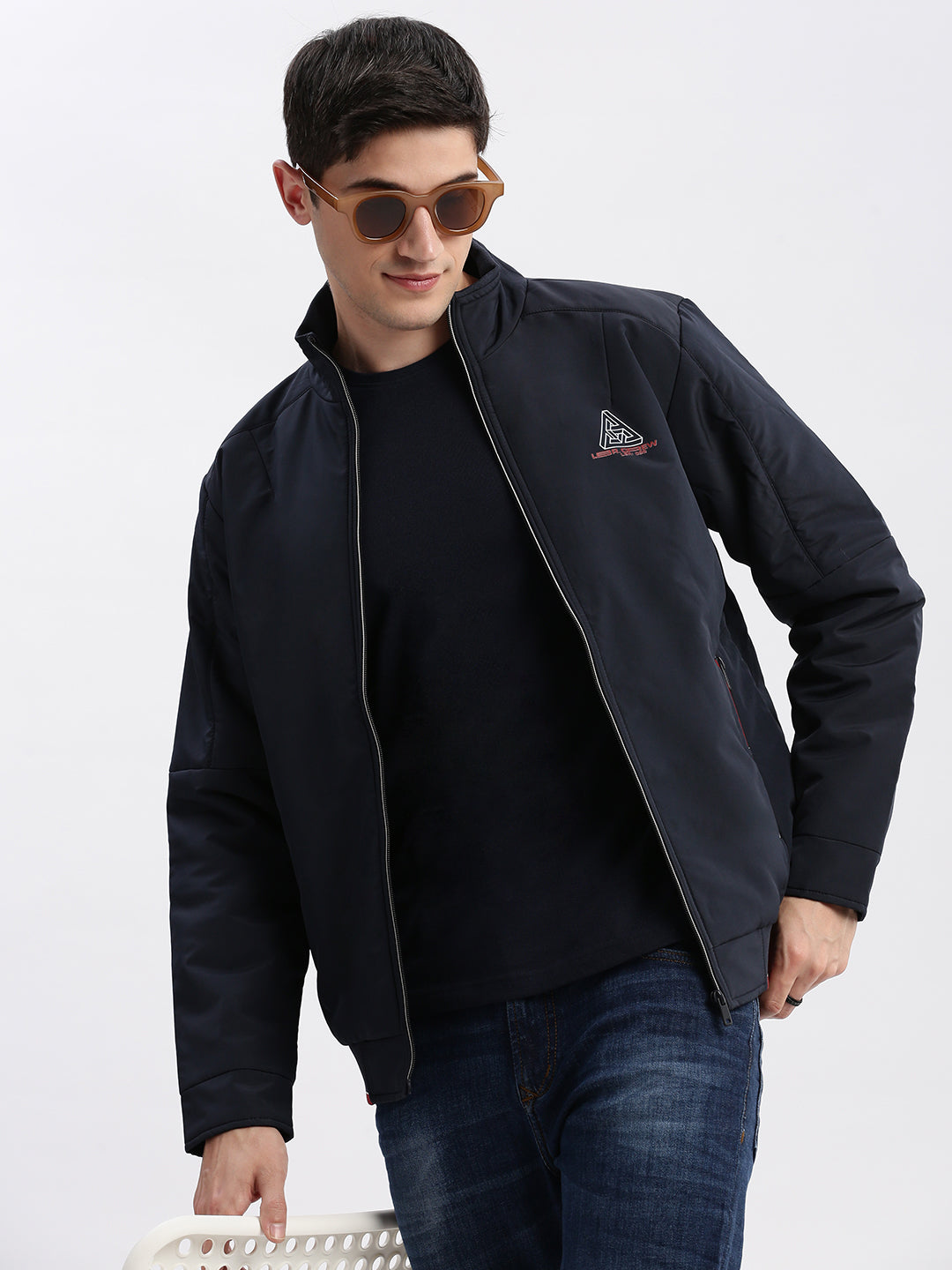 Men Solid Mock Collar Navy Blue Bomber Jacket