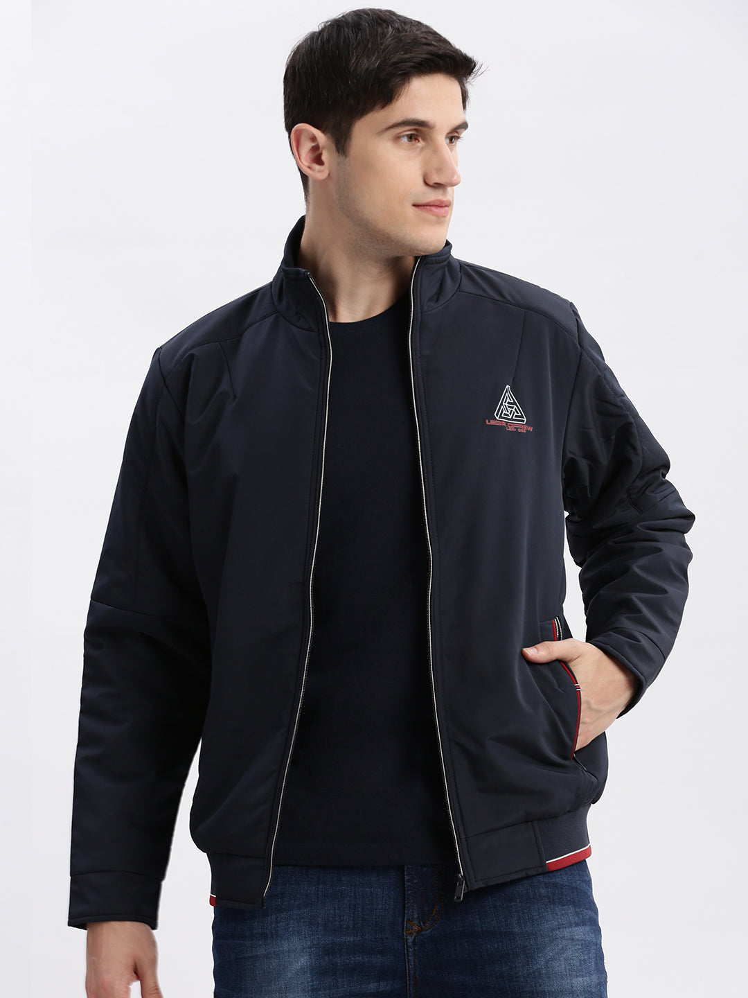 Men Solid Mock Collar Navy Blue Bomber Jacket