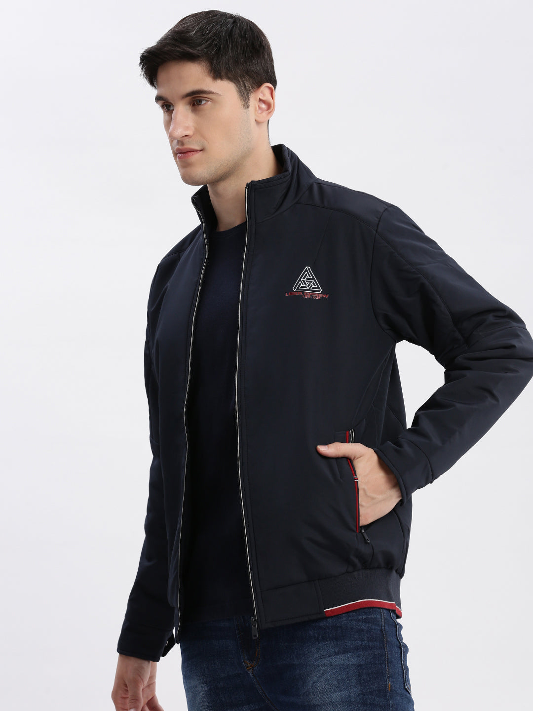 Men Solid Mock Collar Navy Blue Bomber Jacket